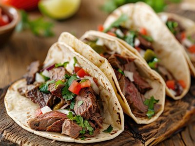 Preparación artesanal de tacos de bistec en la cocina